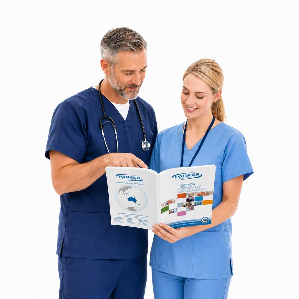 Two Parker Healthcare clinicians looking through a product catalogue
